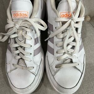 Adidas White and Light Gray Sneakers with neon iridescent Orange Logo